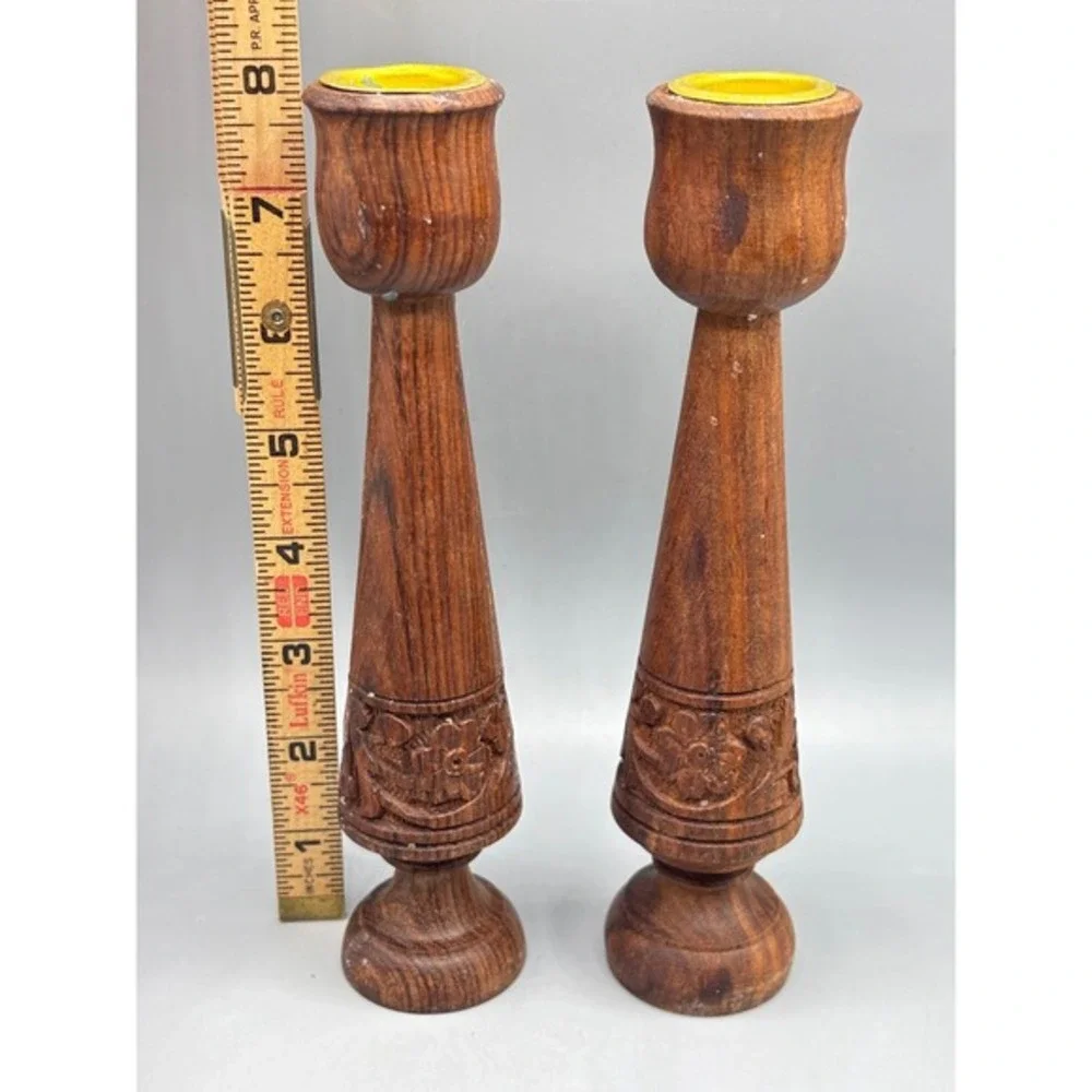 Vintage Carved Wooden Candlesticks Pair Floral Design Taper Boho‎